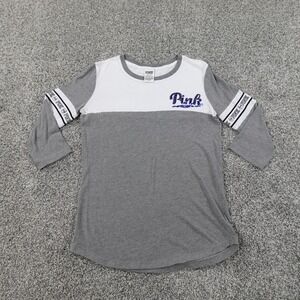 Pink Shirt Womes XS Gray White Victoria Secret 3/4 Sleeve Sequin Preppy Tee Y2K